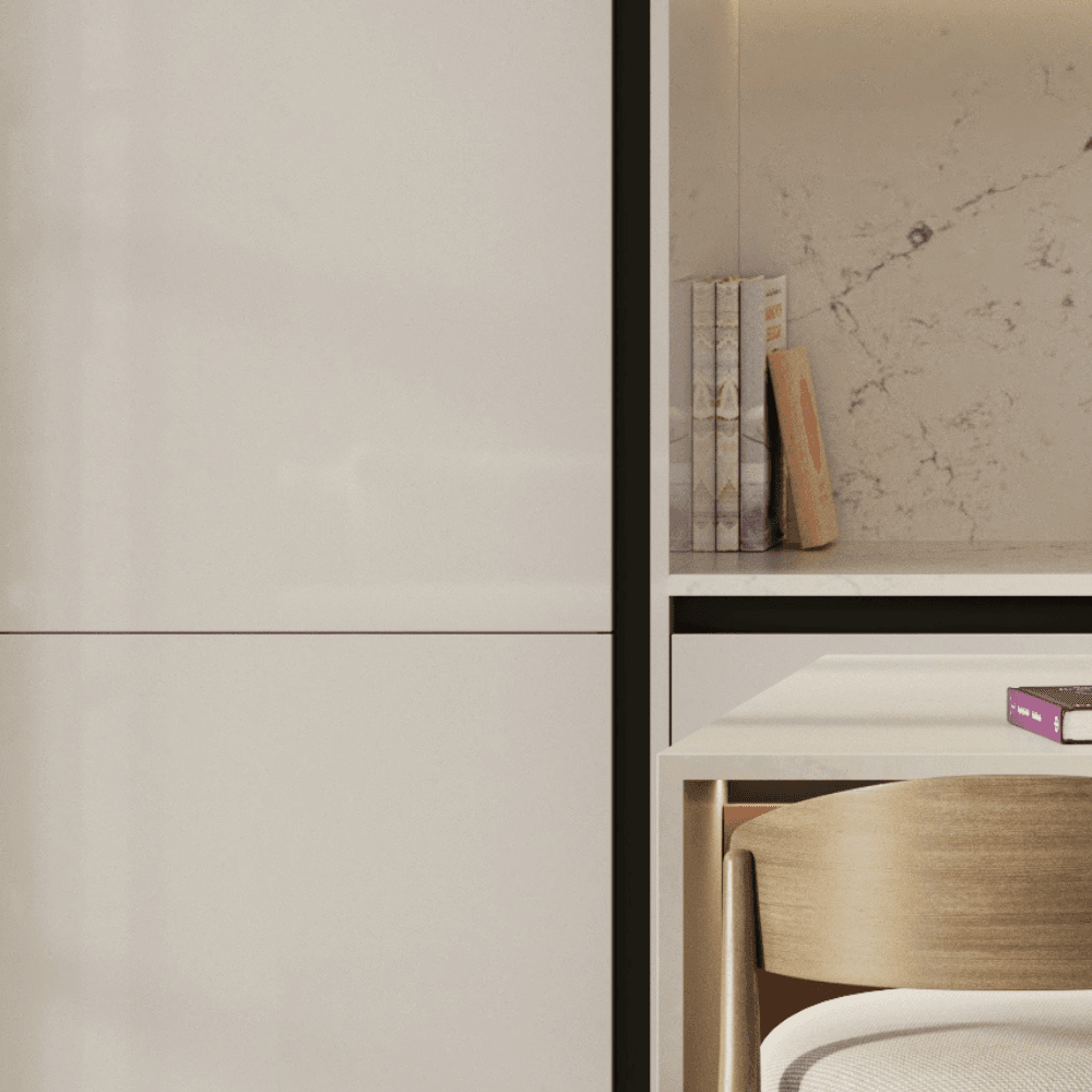 Close up of white slab door with black handleless trim