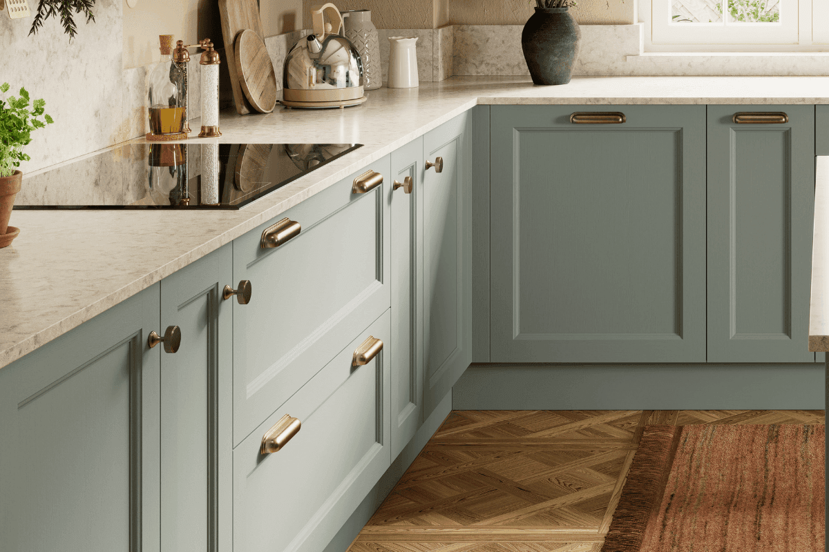 Kitchen with Arundel Reed Green doors and cup and knob handles