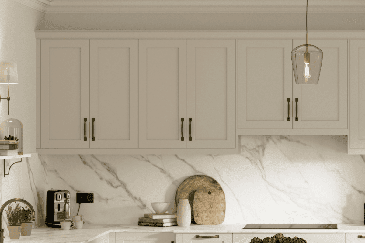 Kitchen with Fishbourne Taupe Grey doors and black handles