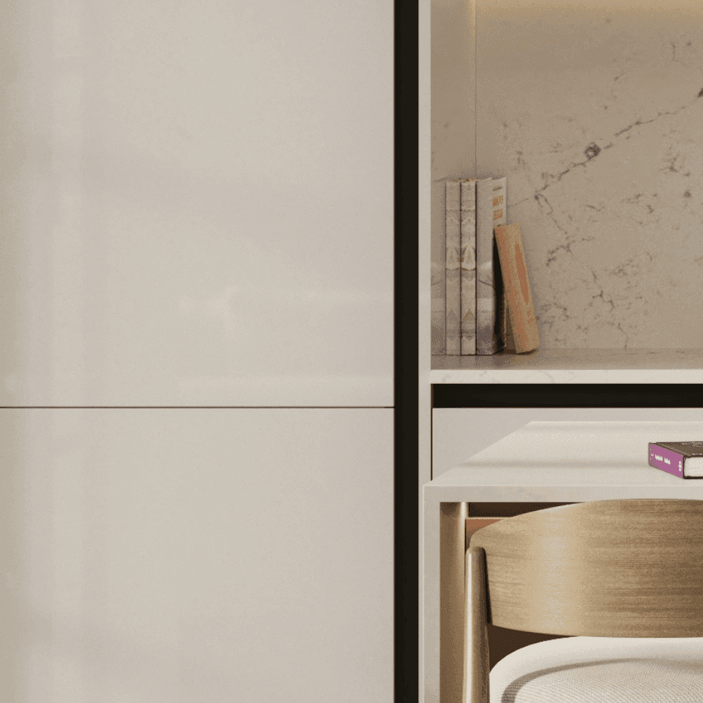 Close up of white slab door with black handleless trim
