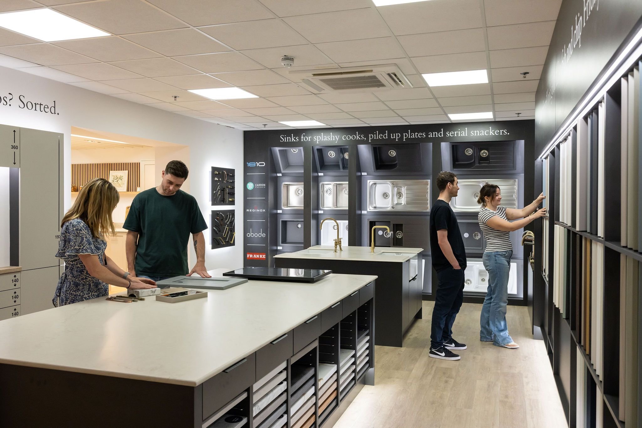 Customers in the showroom samples area