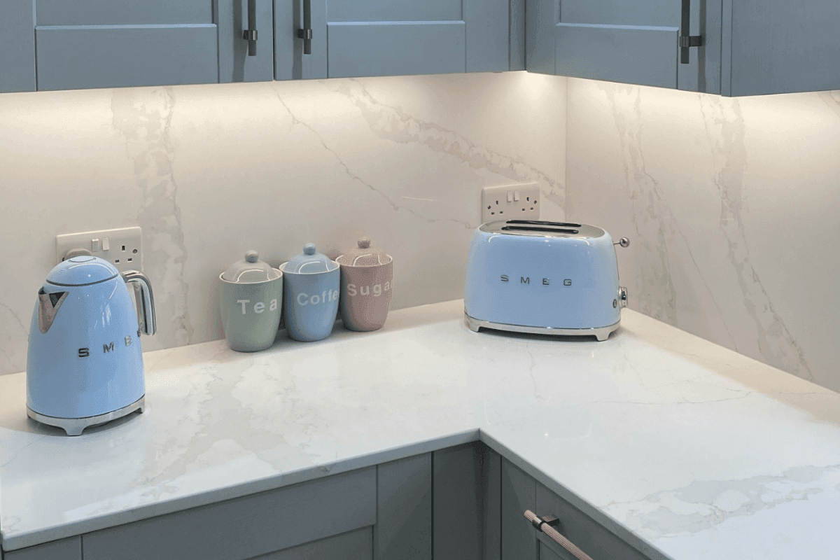Dove Grey shaker kitchen with fluted handles