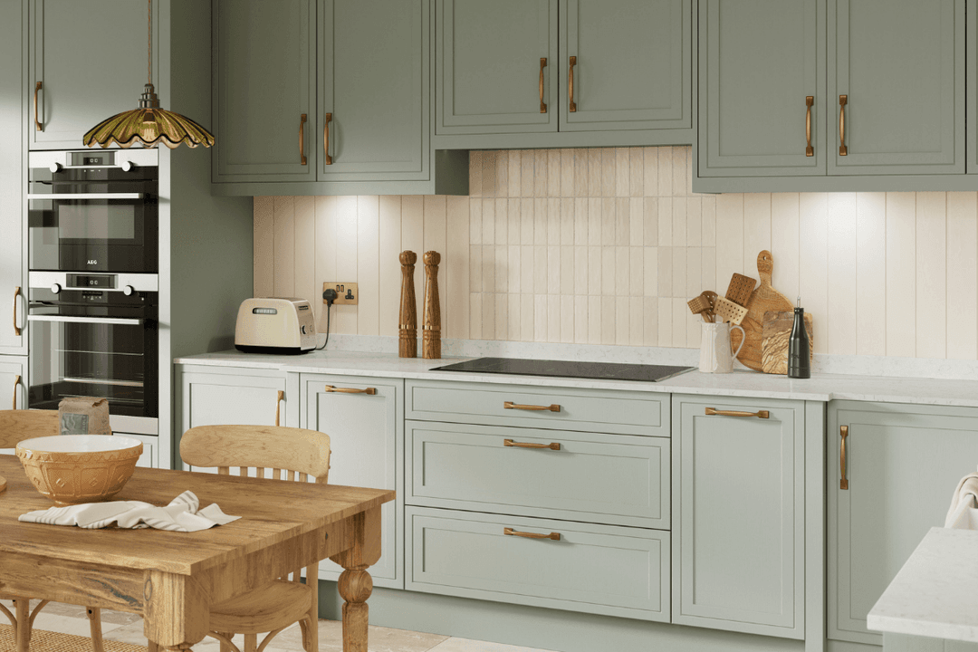 Petworth Sage Green shaker doors with traditional brass handles