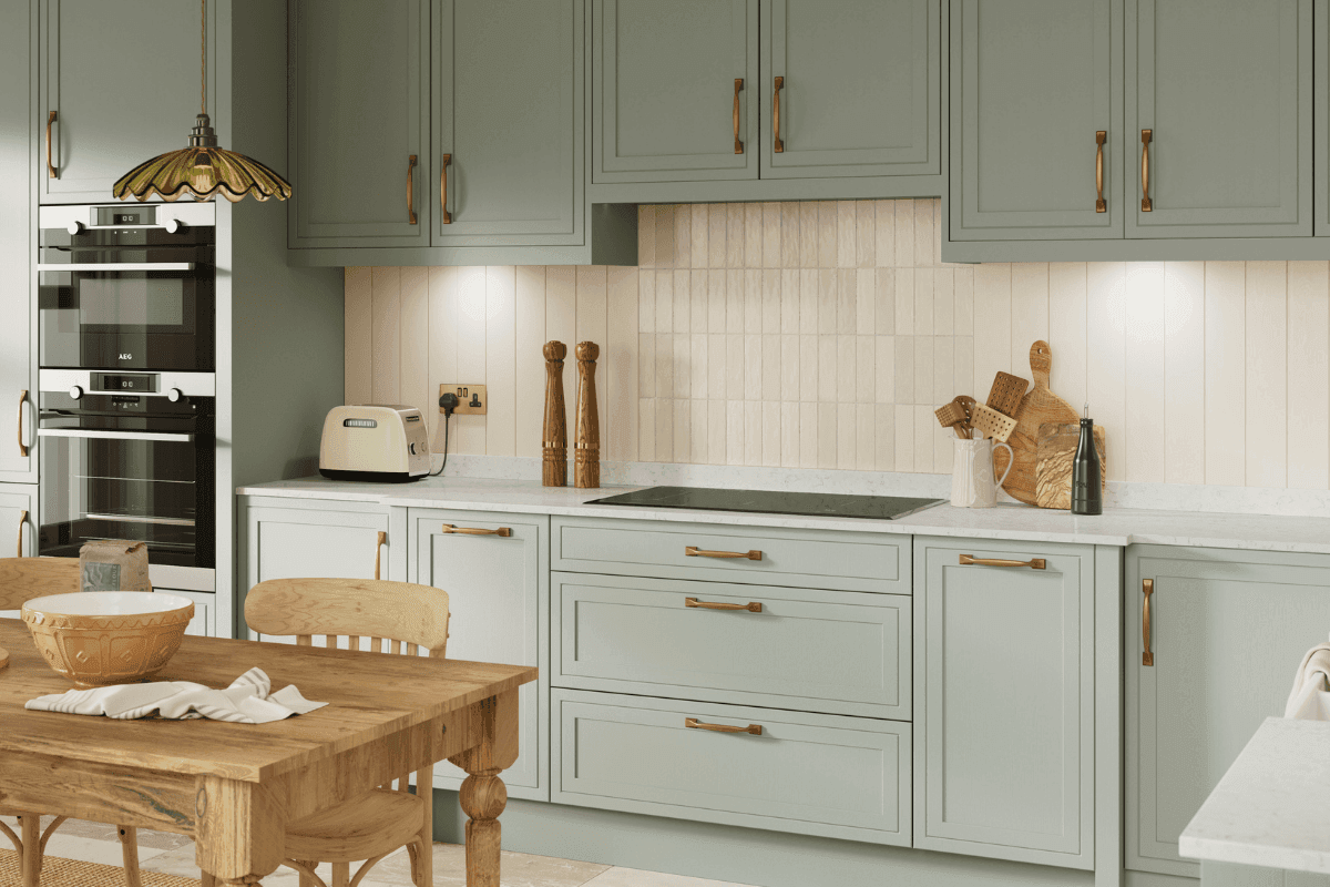Petworth Sage Green shaker doors with traditional brass handles