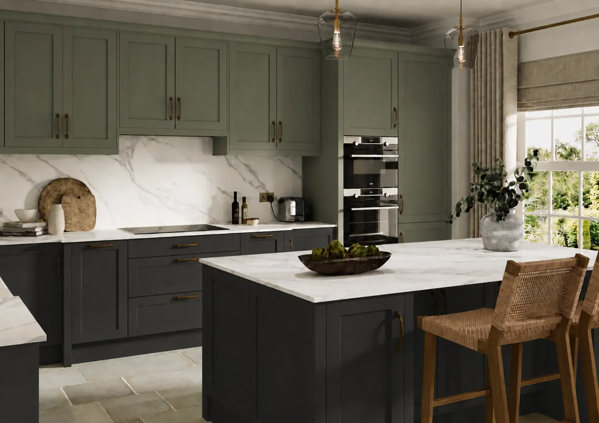 Two tone kitchen with Fishbourne Cardamom and Graphite shaker doors
