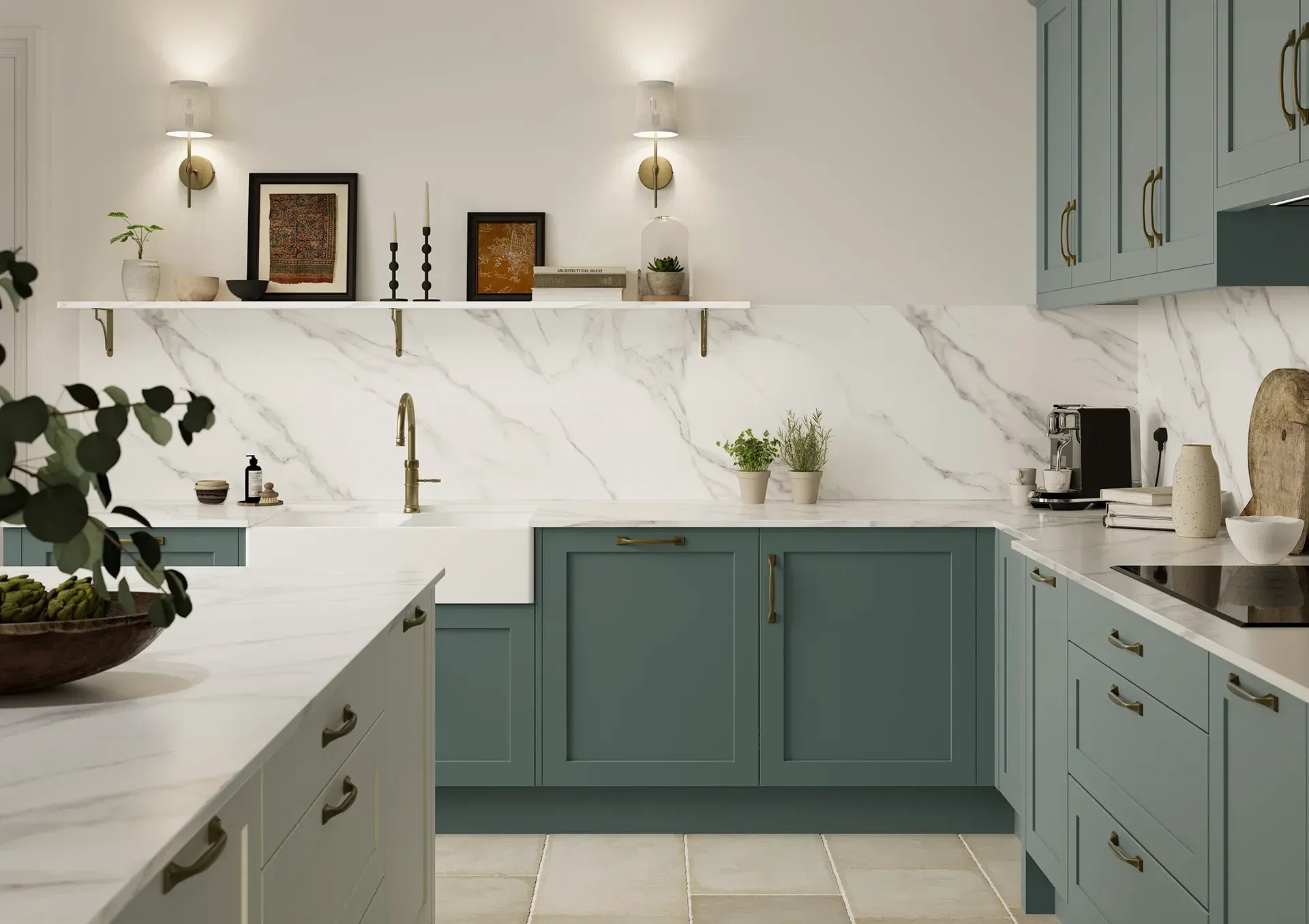 Kitchen with Fishbourne Porcelain and Light Teal shaker doors