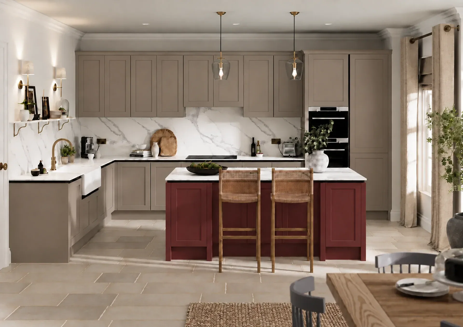 Kitchen with Fishbourne Stone Grey and Antique Red shaker doors