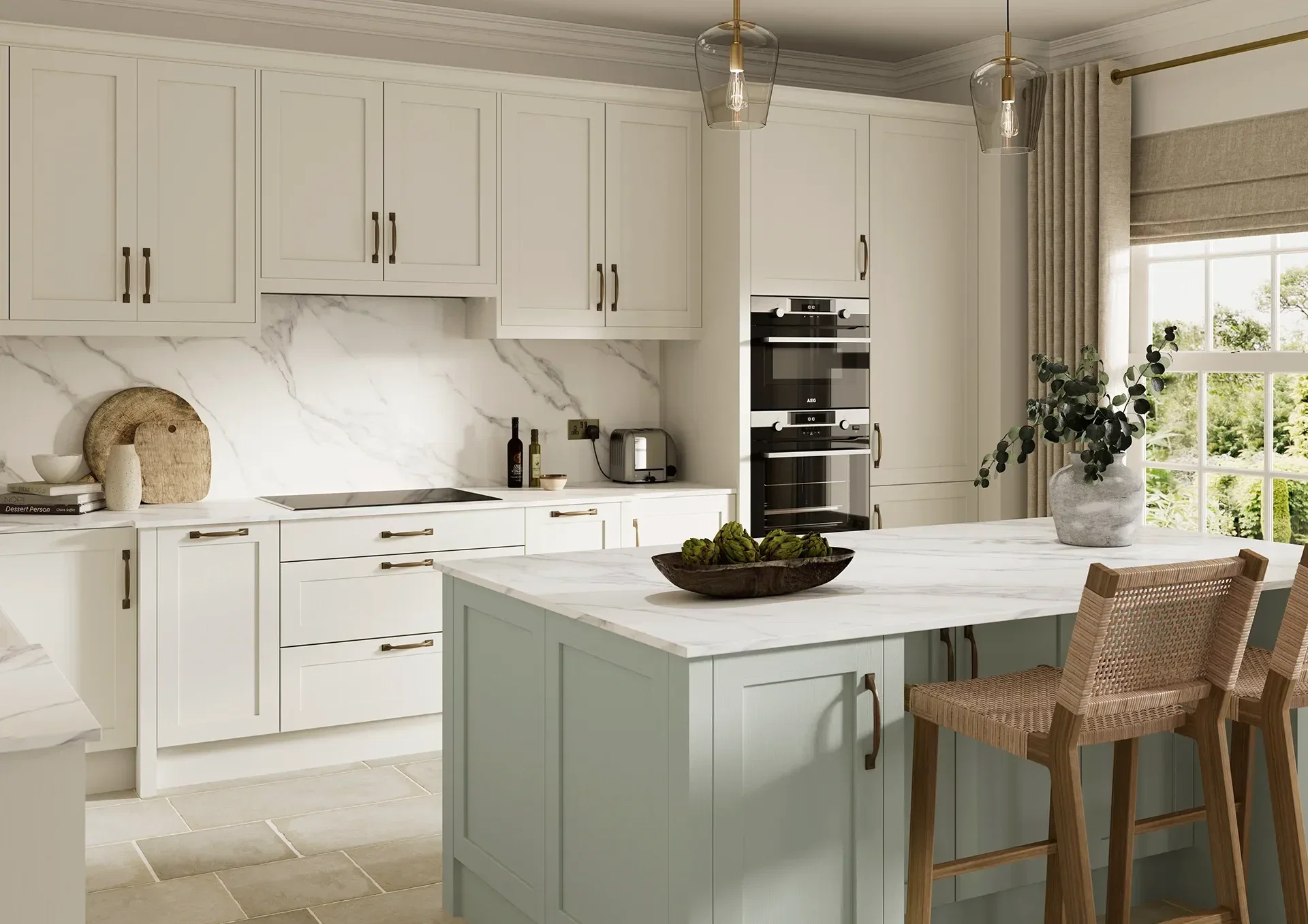 Shaker kitchen with Fishbourne Taupe Grey and Sage Green doors