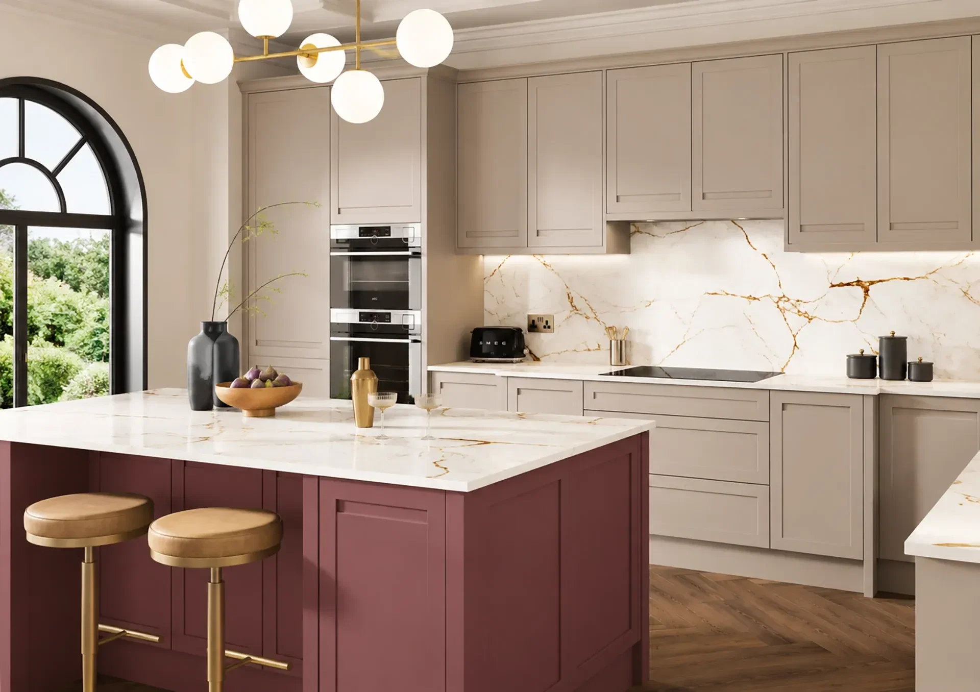 Two tone kitchen with Fontwell Antique Red and Cashmere shaker doors