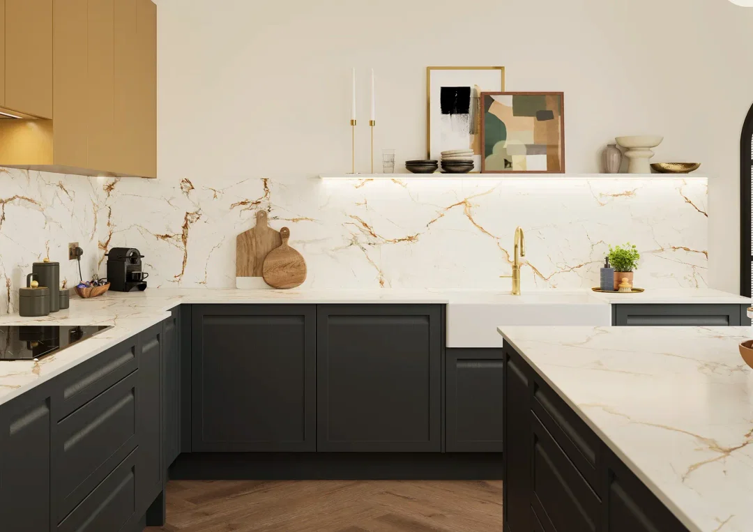 Two tone kitchen with Fontwell Cannon Black shaker doors and Hythe Brushed Gold doors