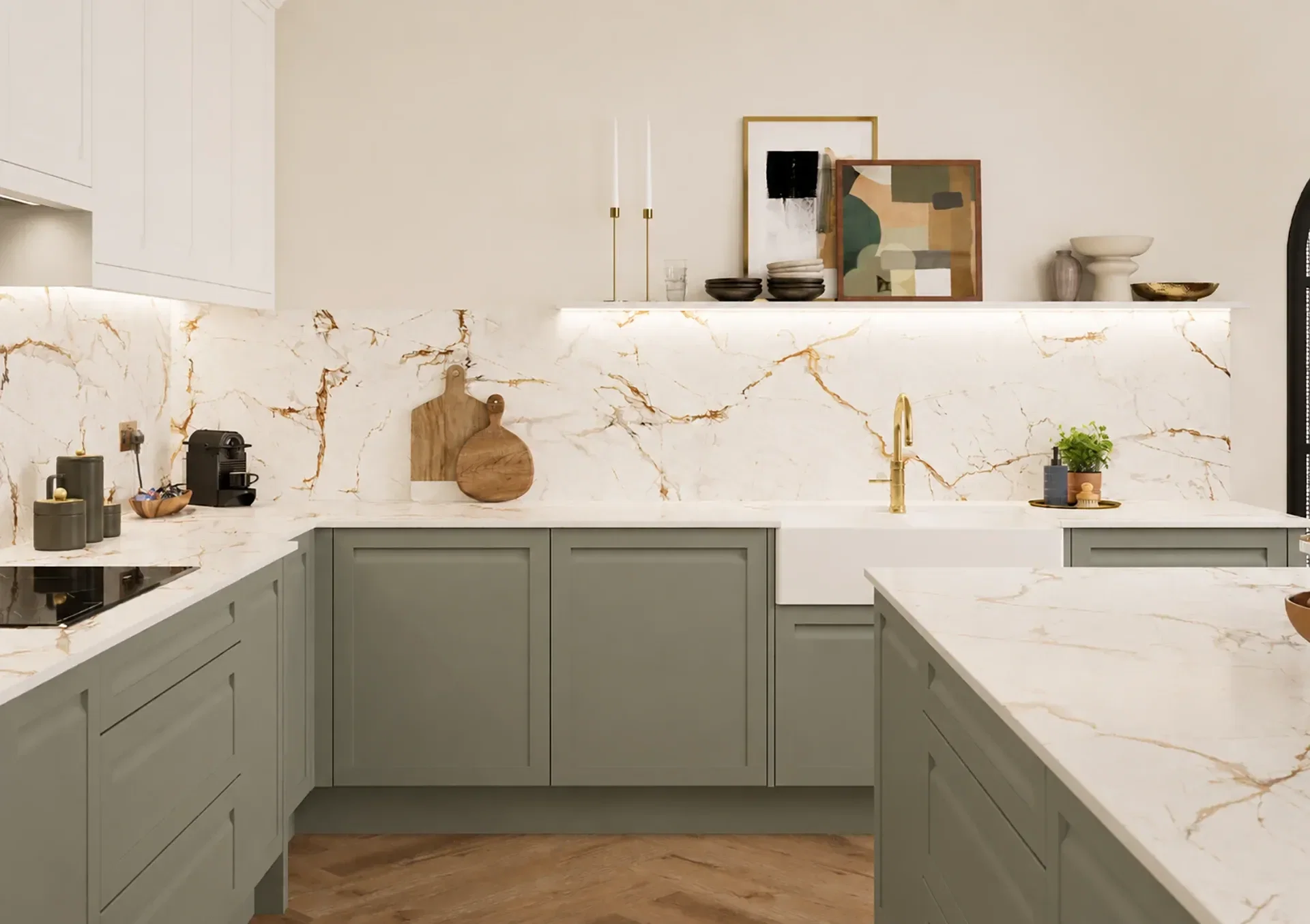 Two tone kitchen with Fontwell Sage Green and Brilliant White shaker doors