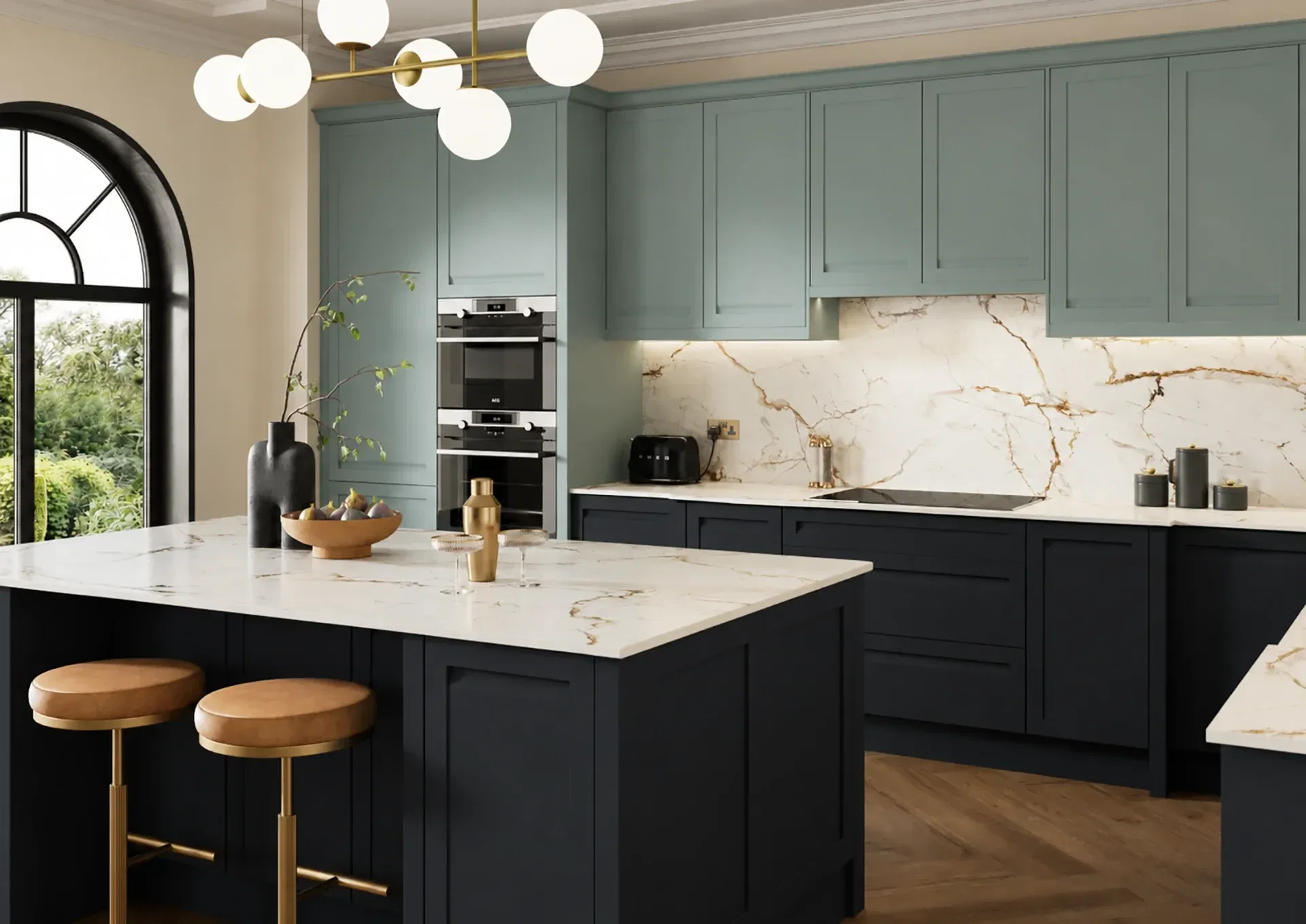 Two tone kitchen with Fontwell Light Teal and Indigo Blue shaker doors
