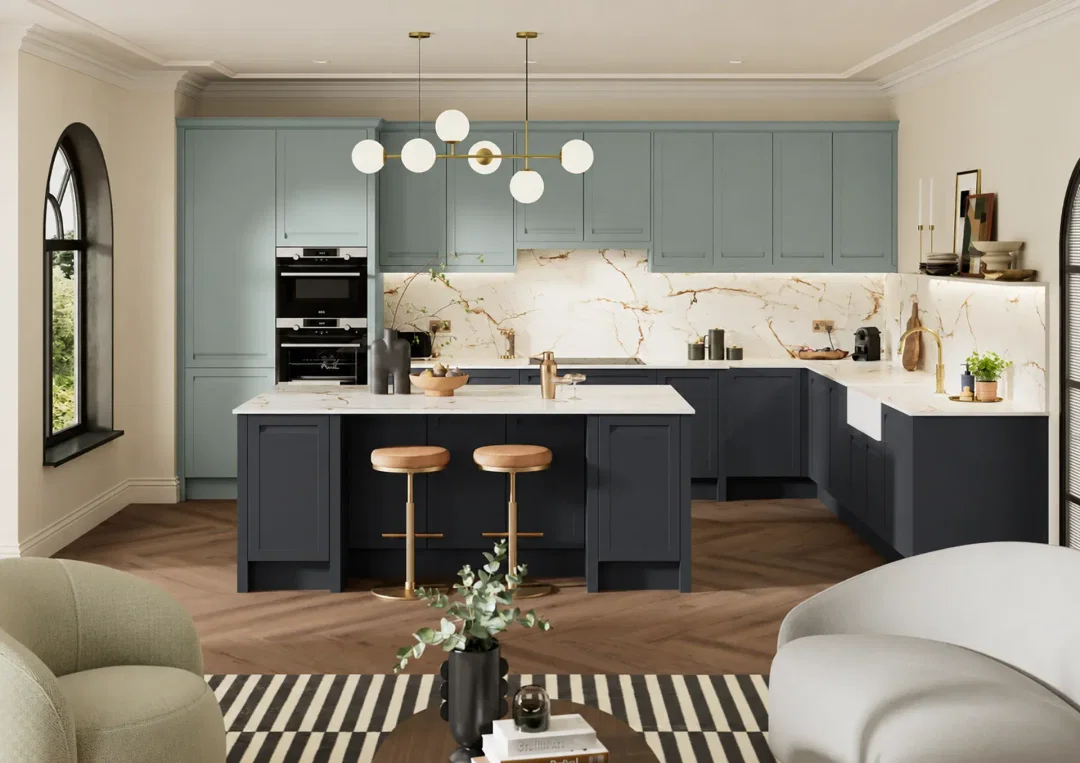 Two tone kitchen with Fontwell Light Teal and Indigo Blue shaker doors