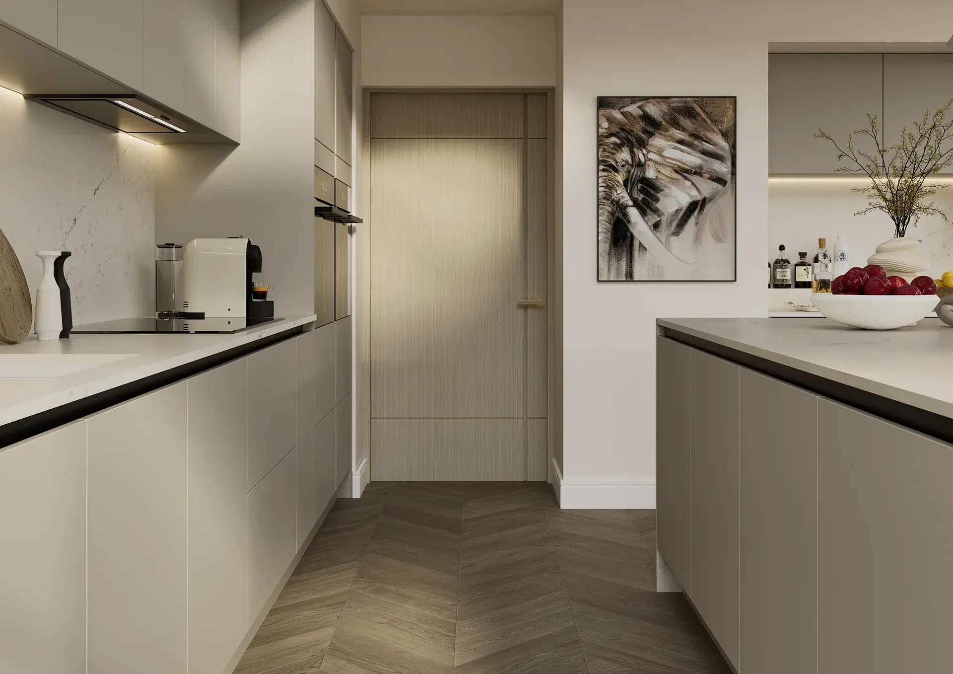 Handleless kitchen with Franklin Pebble doors