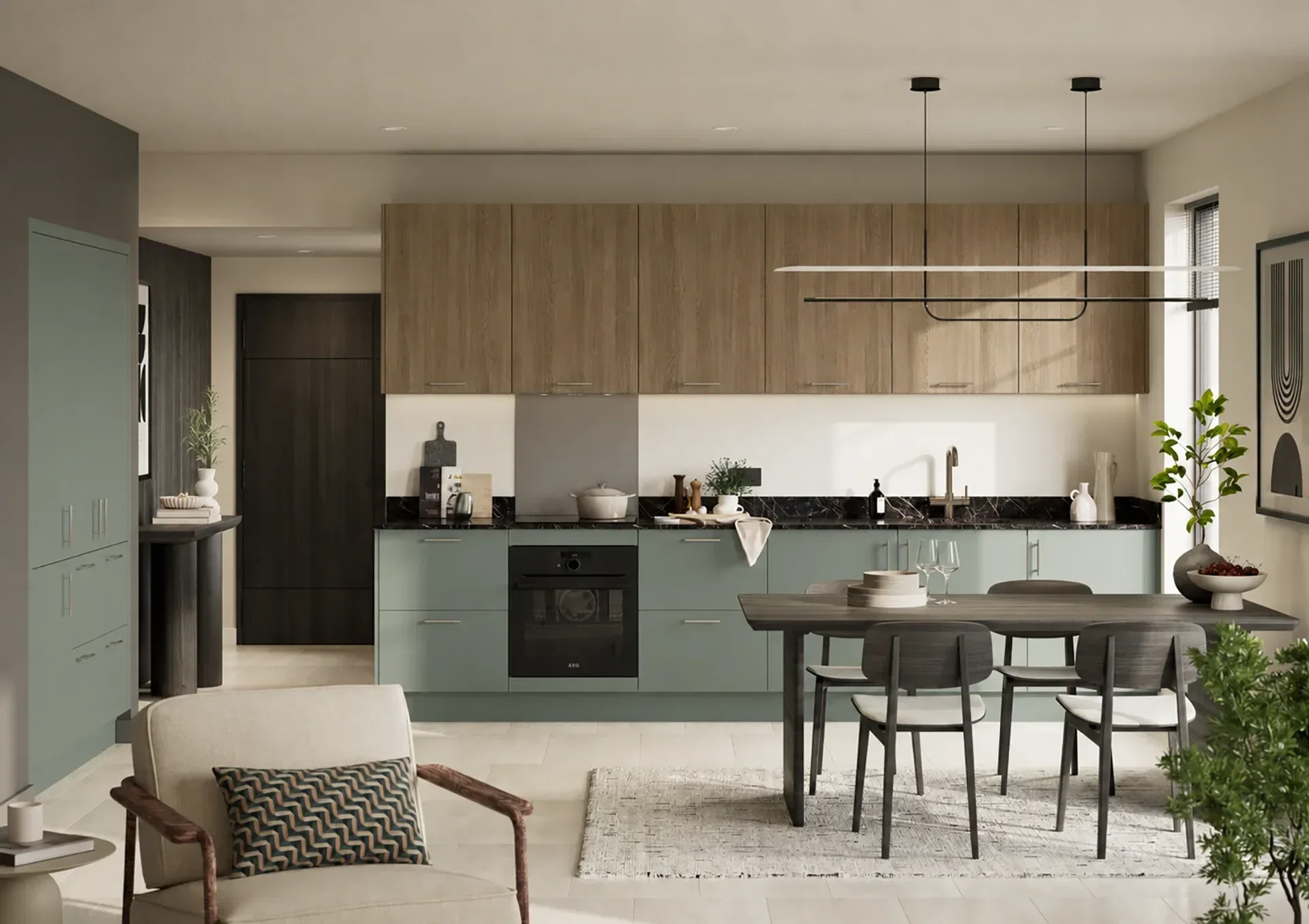Kitchen with Franklin Reed Green and Grey Bardolino Oak doors