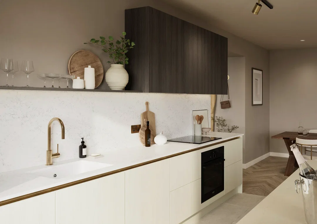 Kitchen with Franklin Woodgrain Porcelain and Dark Grey Fineline doors