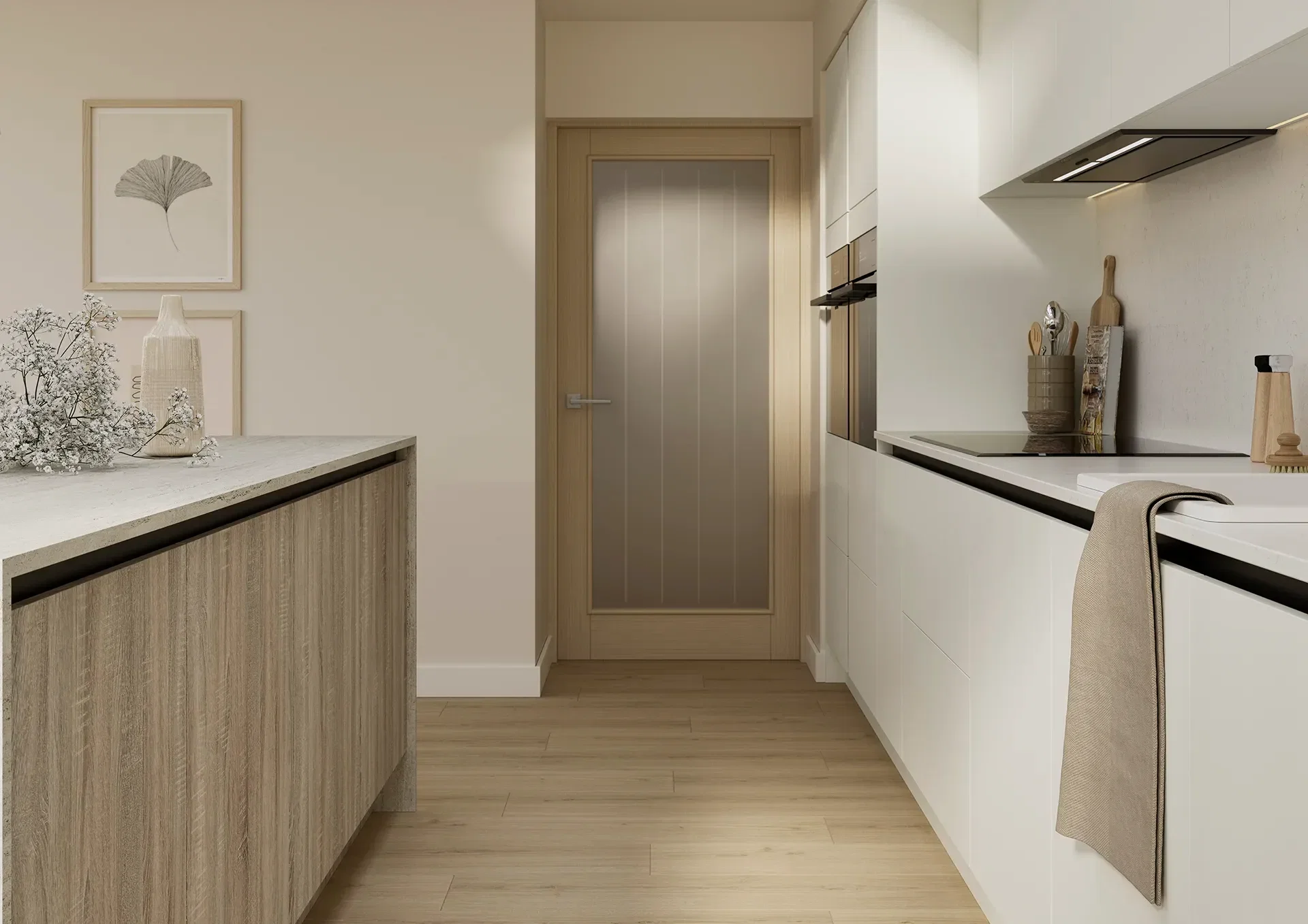 Two tone kitchen with Franklin Woodgrain Porcelain and Grey Bardolino Oak doors