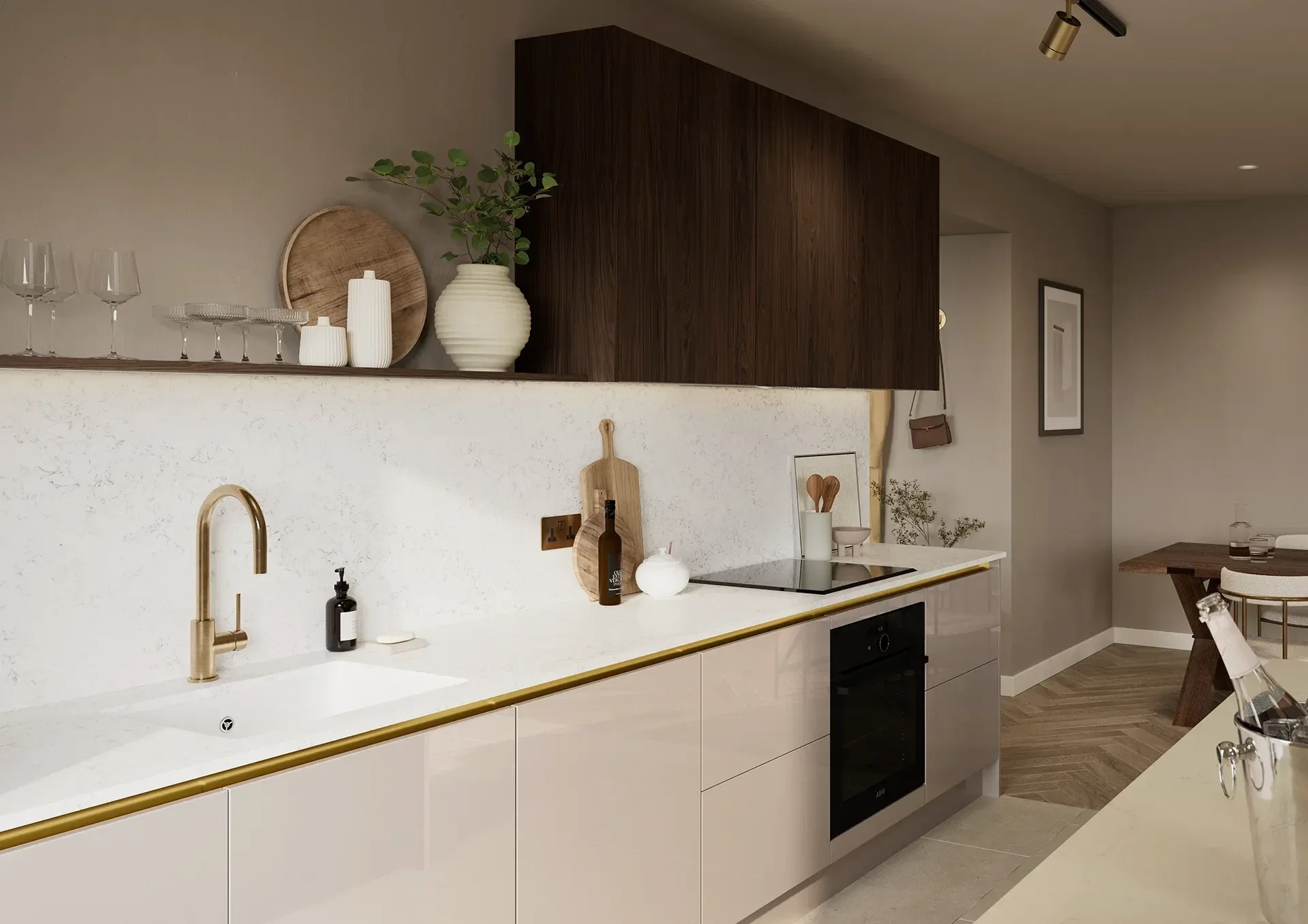 Kitchen with Hamilton Gloss Cashmere and Marone Casella Oak doors