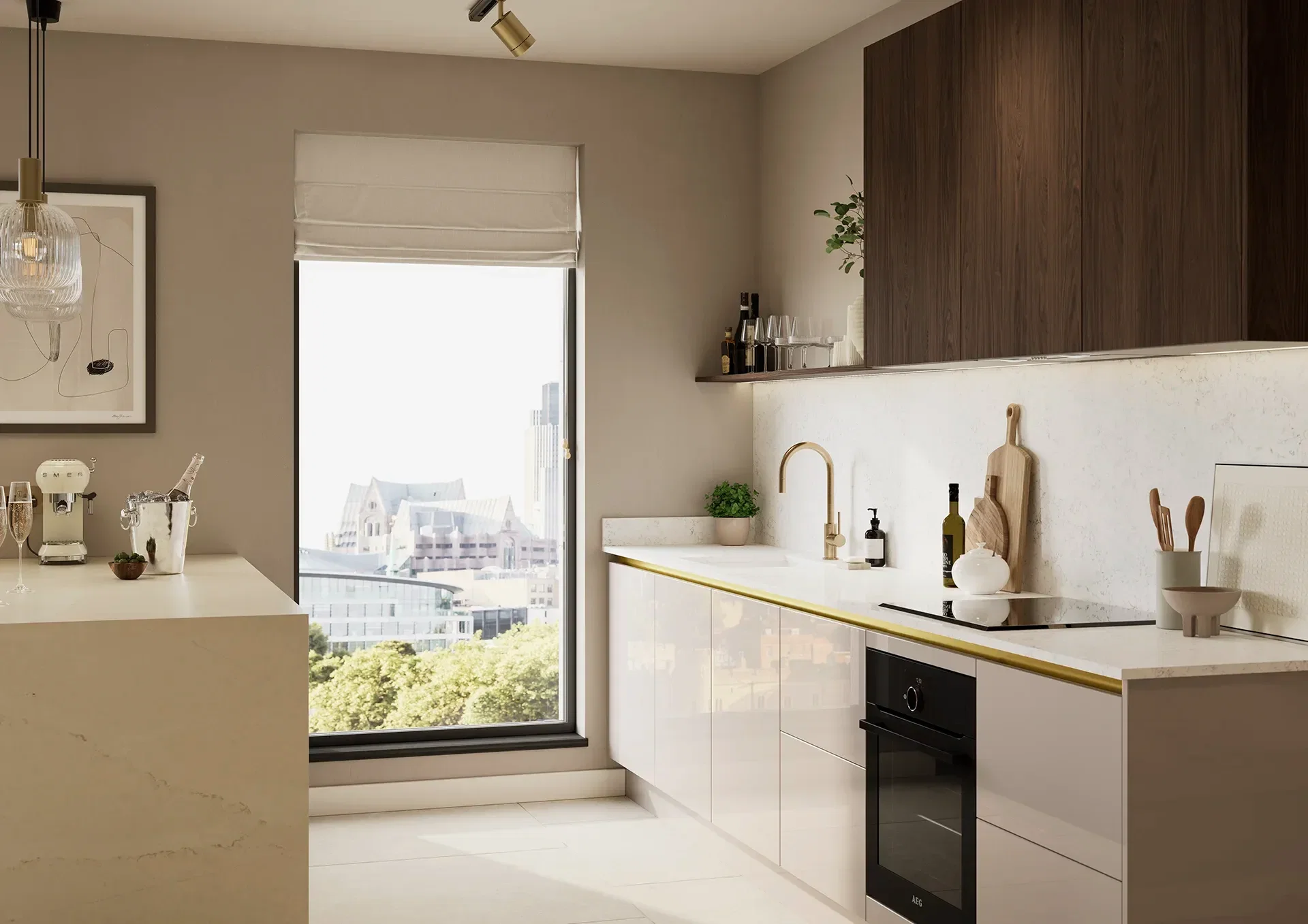 Kitchen with Hamilton Gloss Cashmere and Marone Casella Oak doors