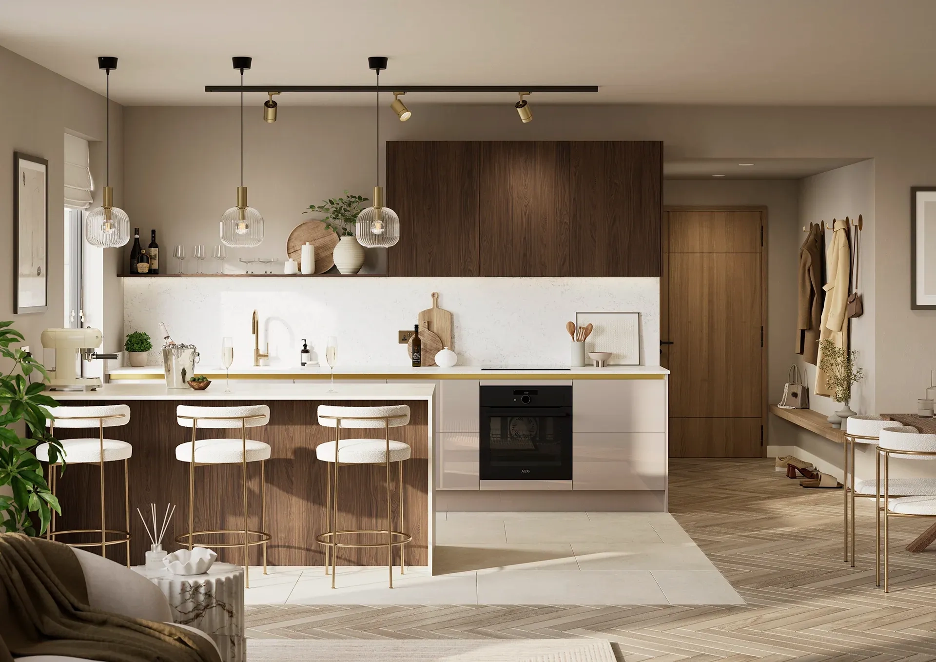 Kitchen with Hamilton Gloss Cashmere and Marone Casella Oak doors