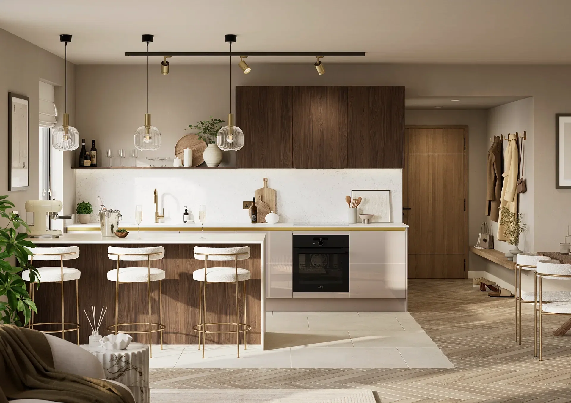 Kitchen with Hamilton Gloss Cashmere and Marone Casella Oak doors