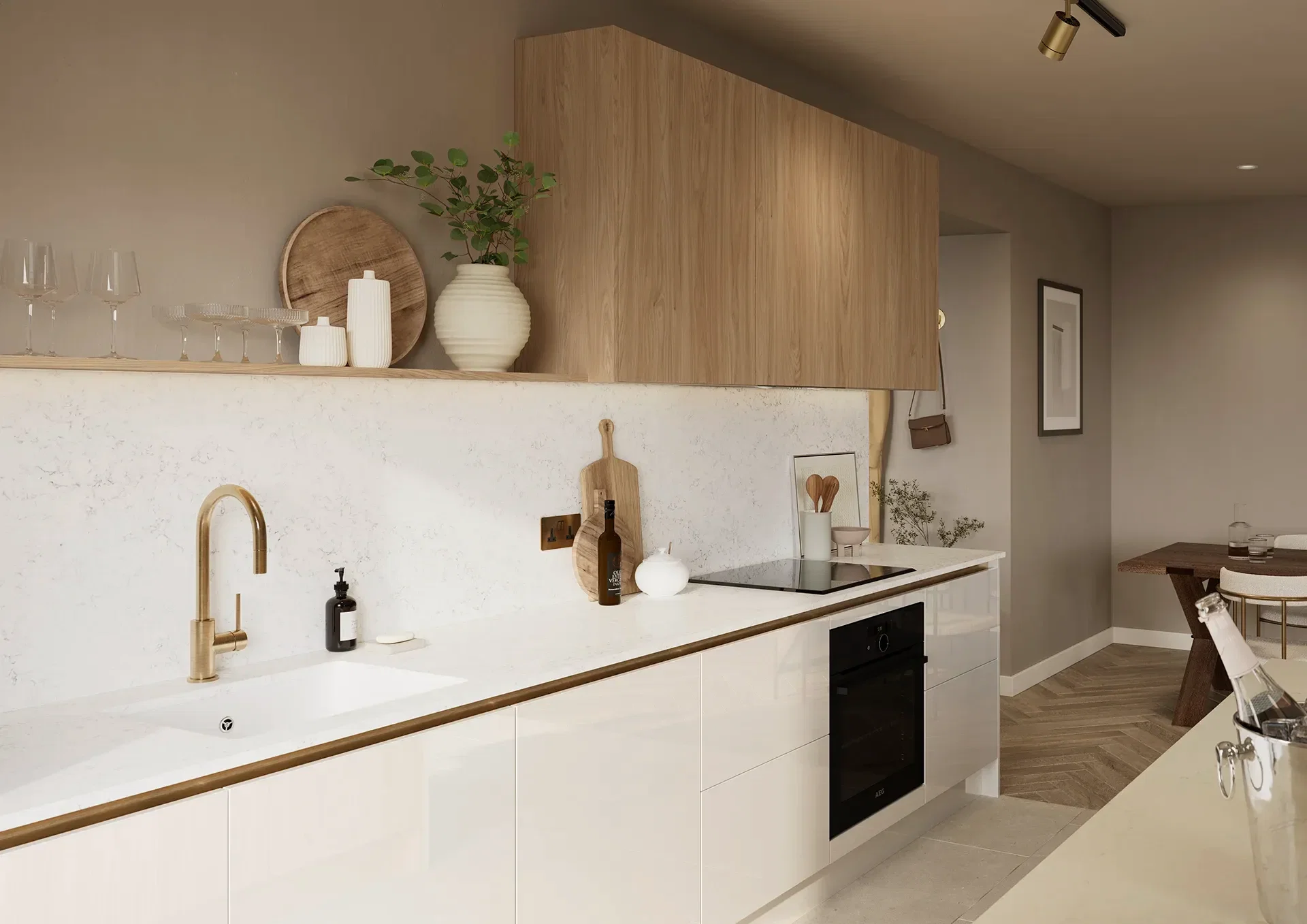 Kitchen with Hamilton Gloss White and Natural Sheffield Acacia doors