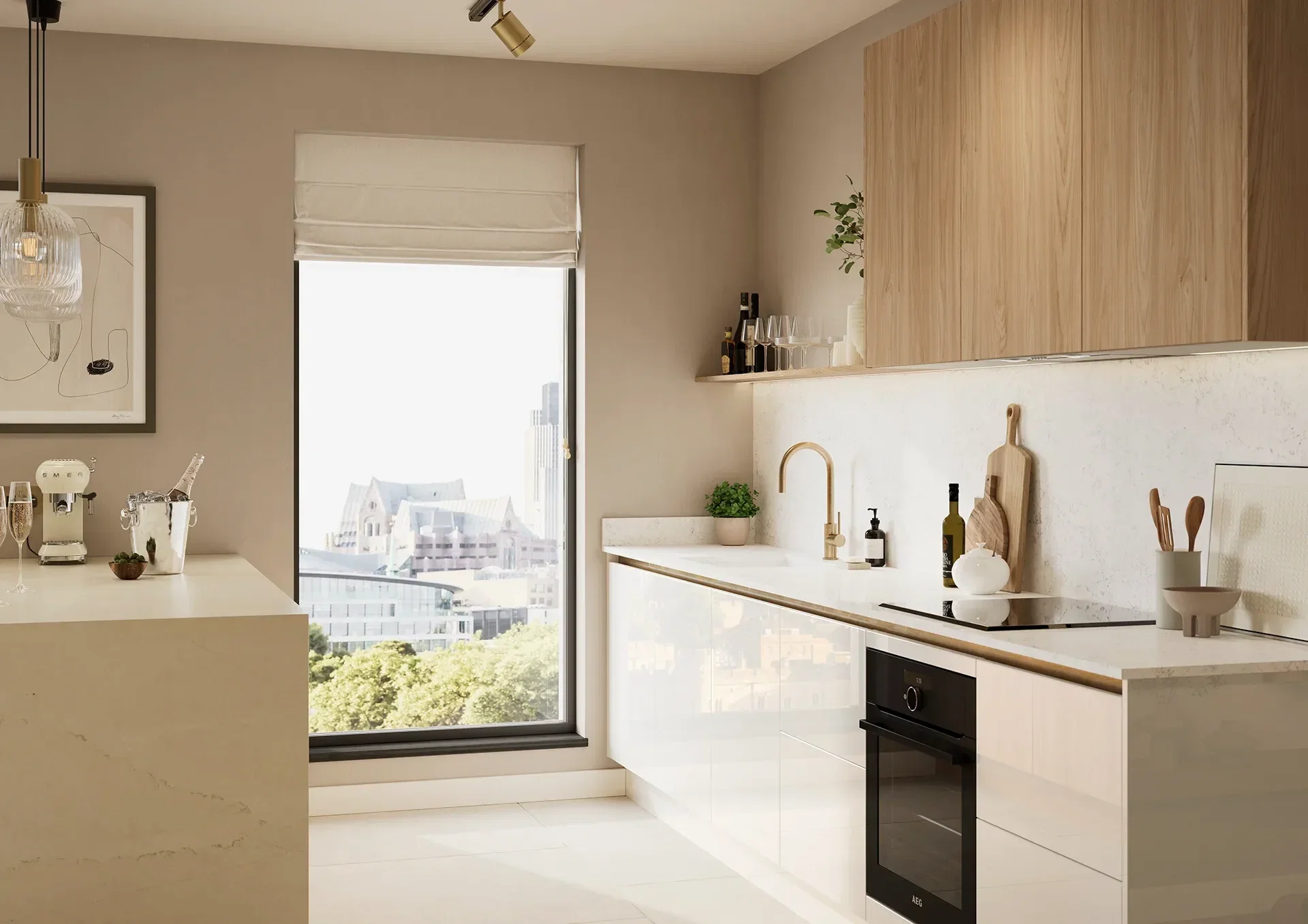 Kitchen with Hamilton Gloss White and Natural Sheffield Acacia doors