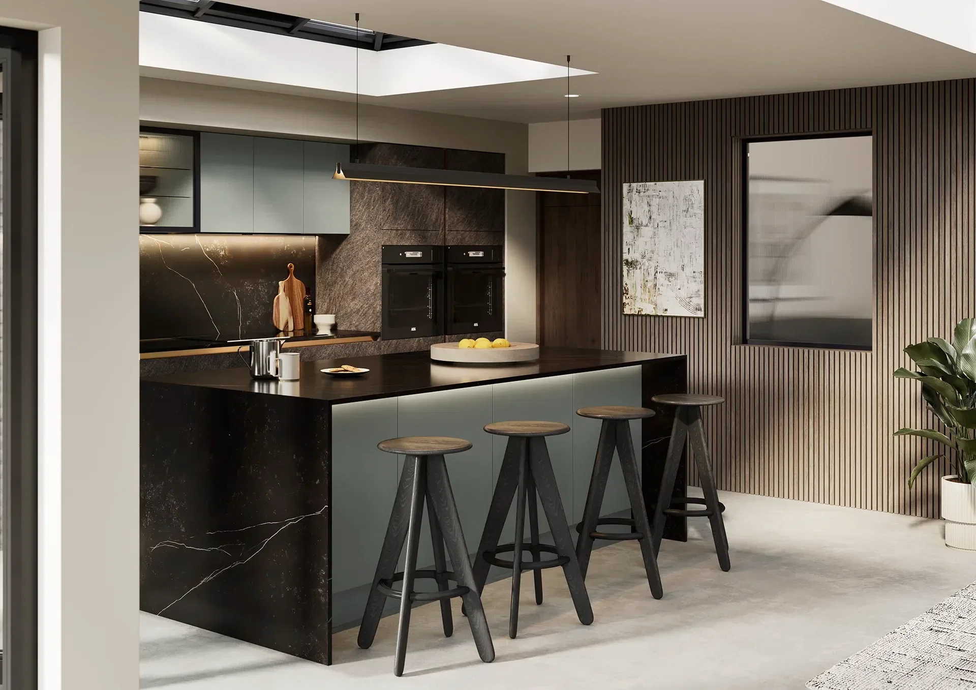 Kitchen with Hythe Cupria Slate and Franklin Reed Green doors