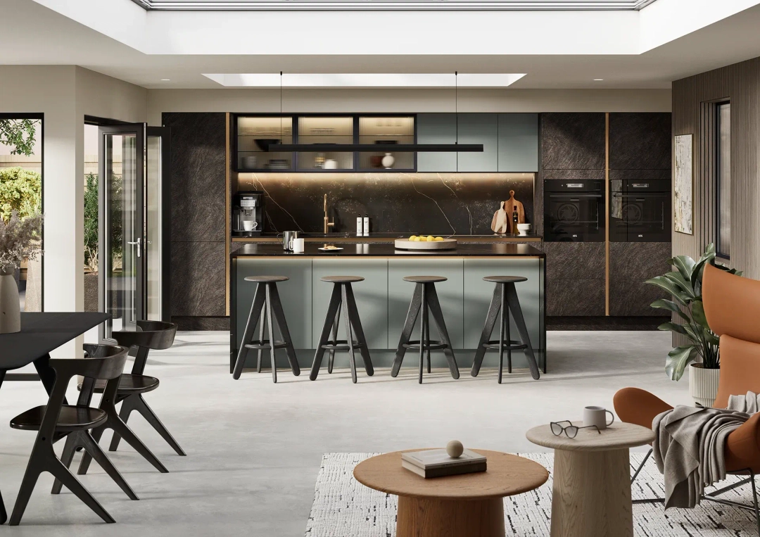 Kitchen with Hythe Cupria Slate and Franklin Reed Green doors