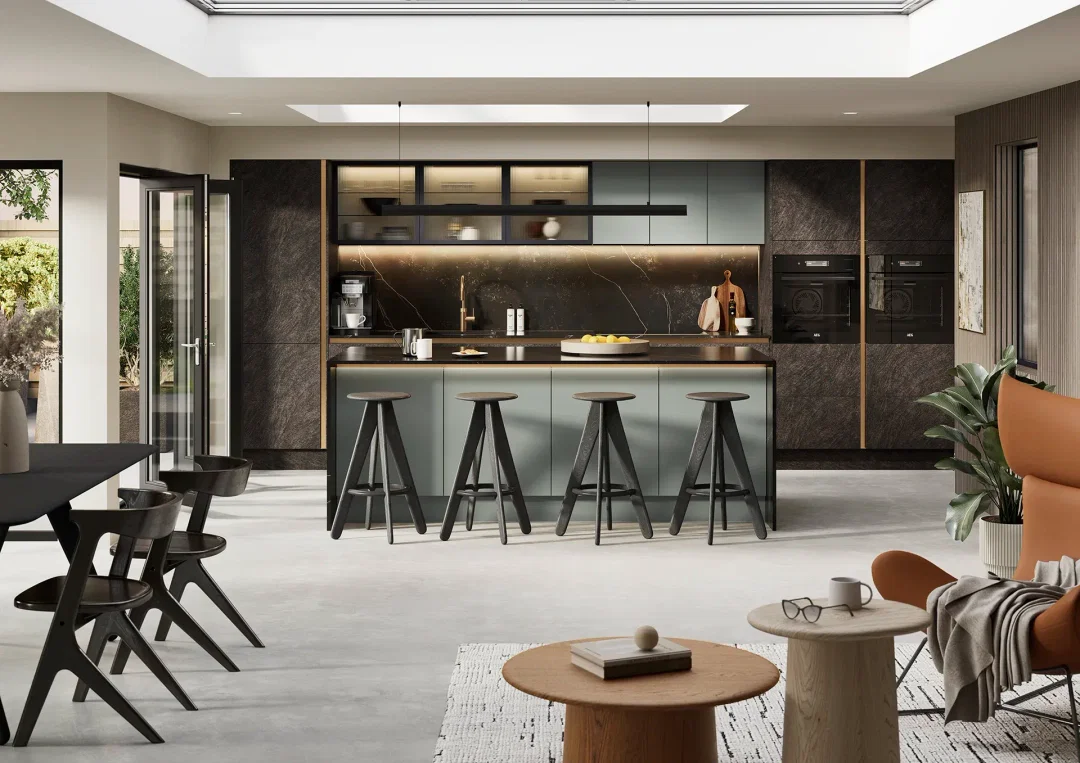 Kitchen with Hythe Cupria Slate and Franklin Reed Green doors