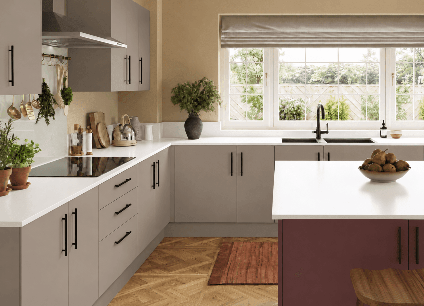 Kitchen with Ilminster Deep Berry and Taupe Grey doors