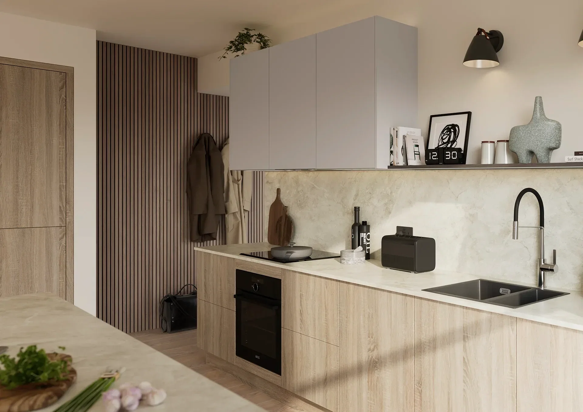 Two tone kitchen with Ilminster Cashmere and Franklin Grey Bardolino Oak doors