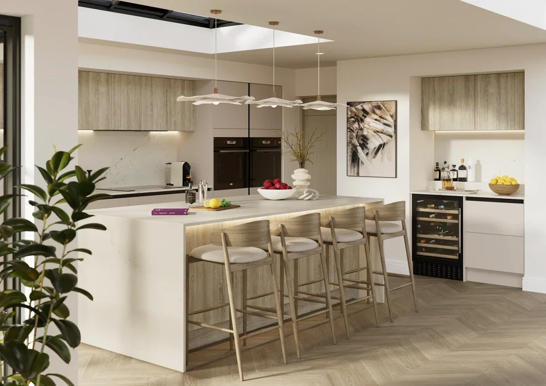 Two tone handleless kitchen with Ilminster Cashmere and Franklin Grey Bardolino Oak doors