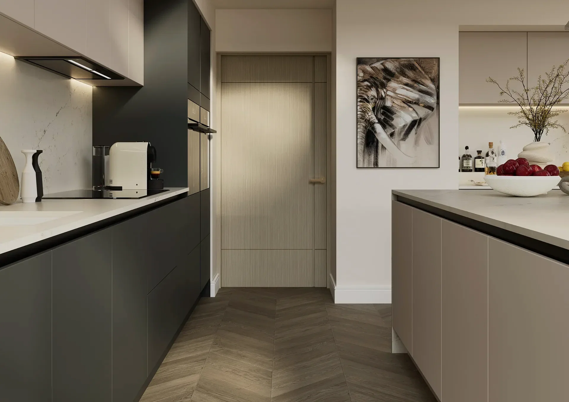 Handleless kitchen with Ilminster Graphite and Cashmere doors