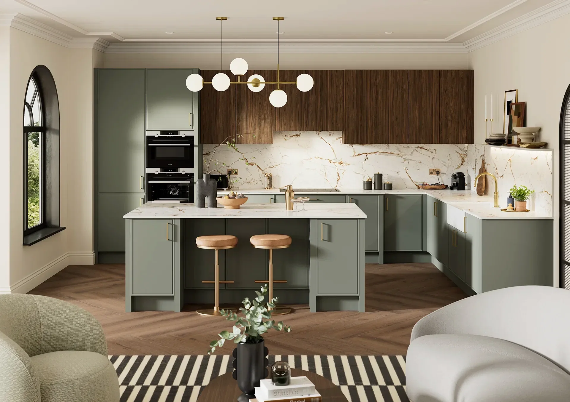 Two tone kitchen with Islington Satin Green and Hythe Caletta doors