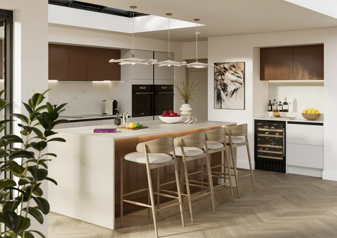 Two tone handleless kitchen with Jackson Gloss Light Grey and Hythe Brushed Bronze doors