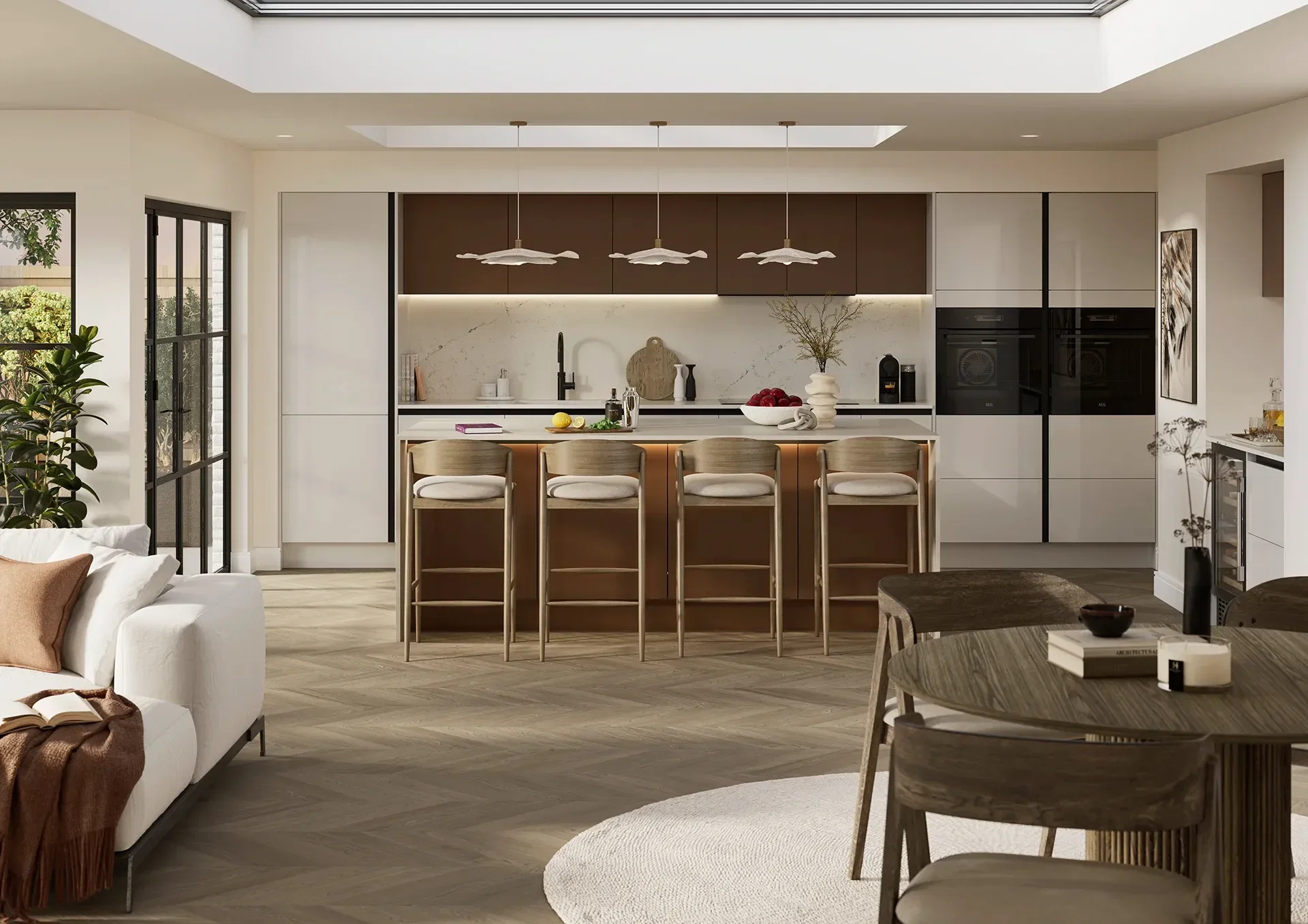 Two tone handleless kitchen with Jackson Gloss Light Grey and Hythe Brushed Bronze doors