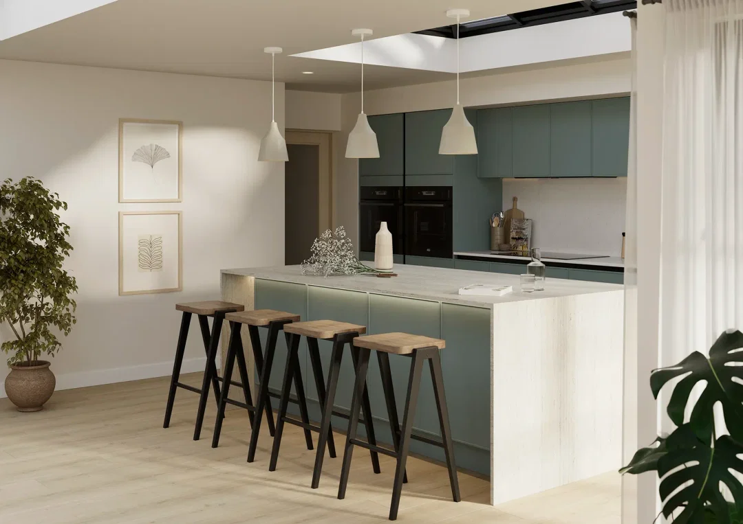 Micro shaker kitchen with Jura Satin Green doors