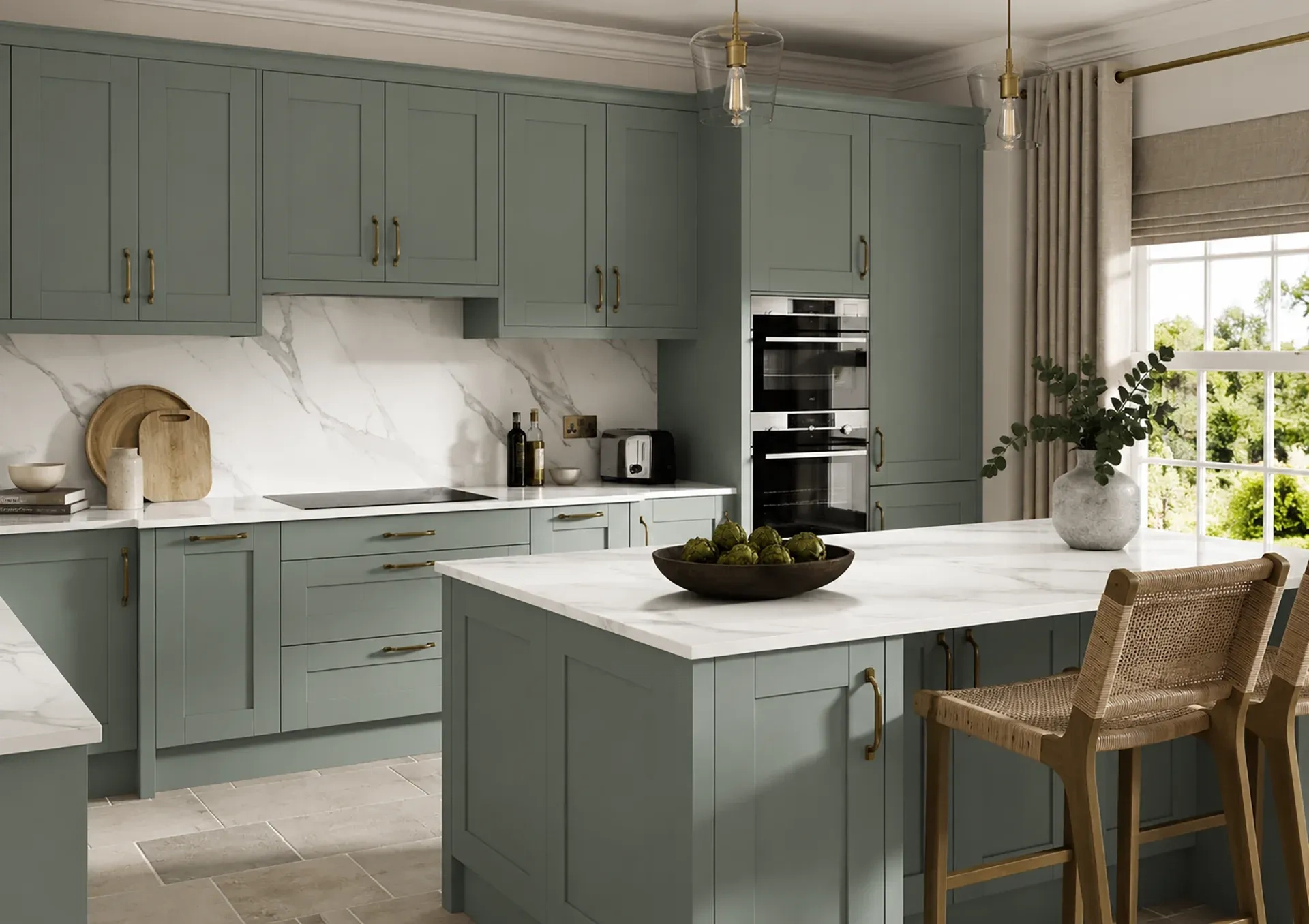 Kitchen with Maine Reed Green shaker kitchen doors
