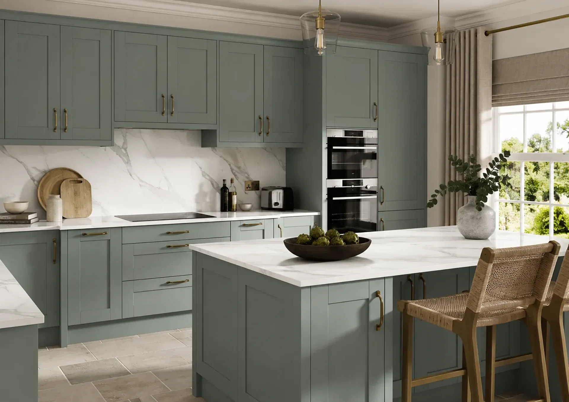 Kitchen with Maine Reed Green shaker kitchen doors