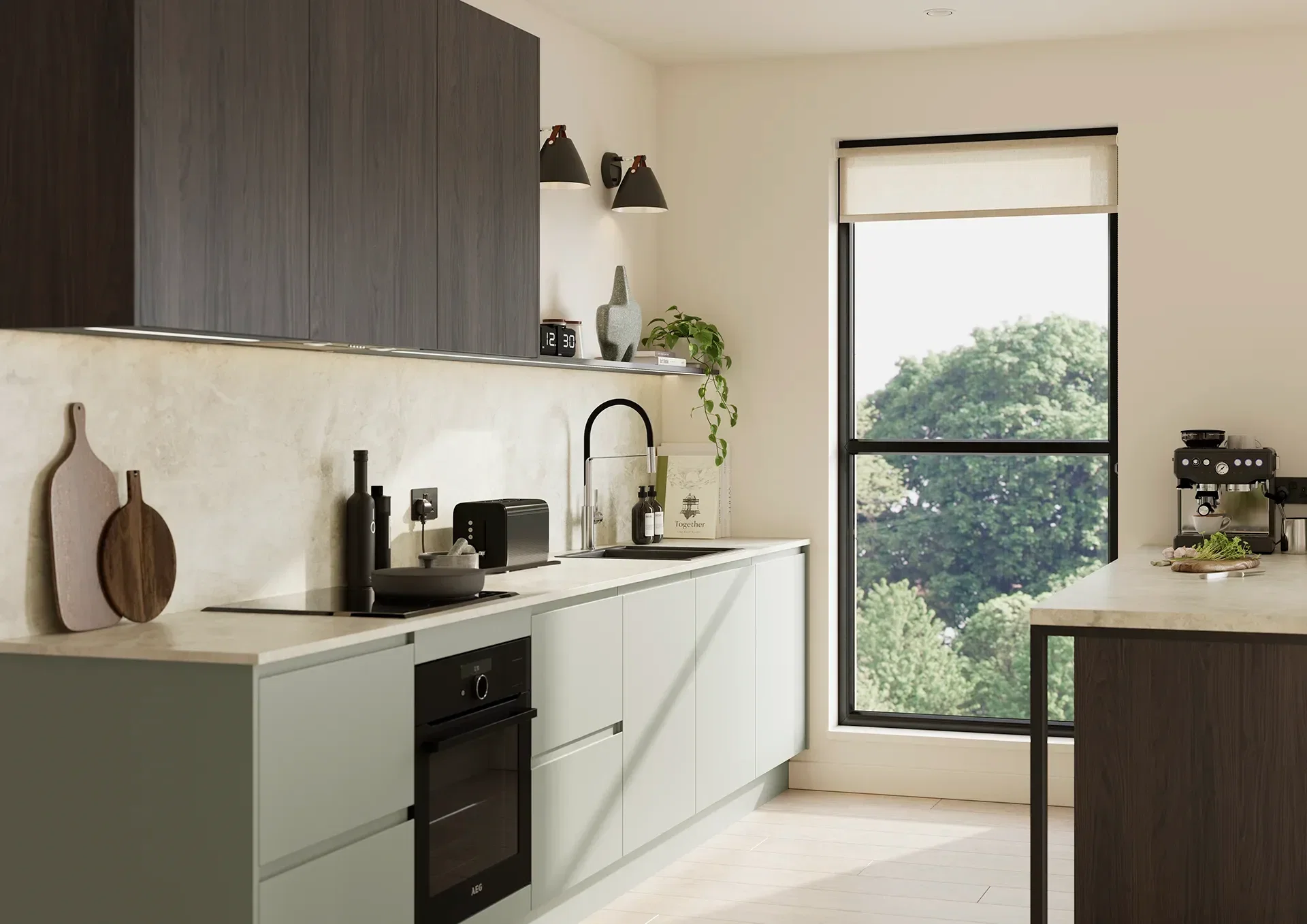 Two tone kitchen with Manhattan Cardamon and Hamilton Marone Casella Oak doors