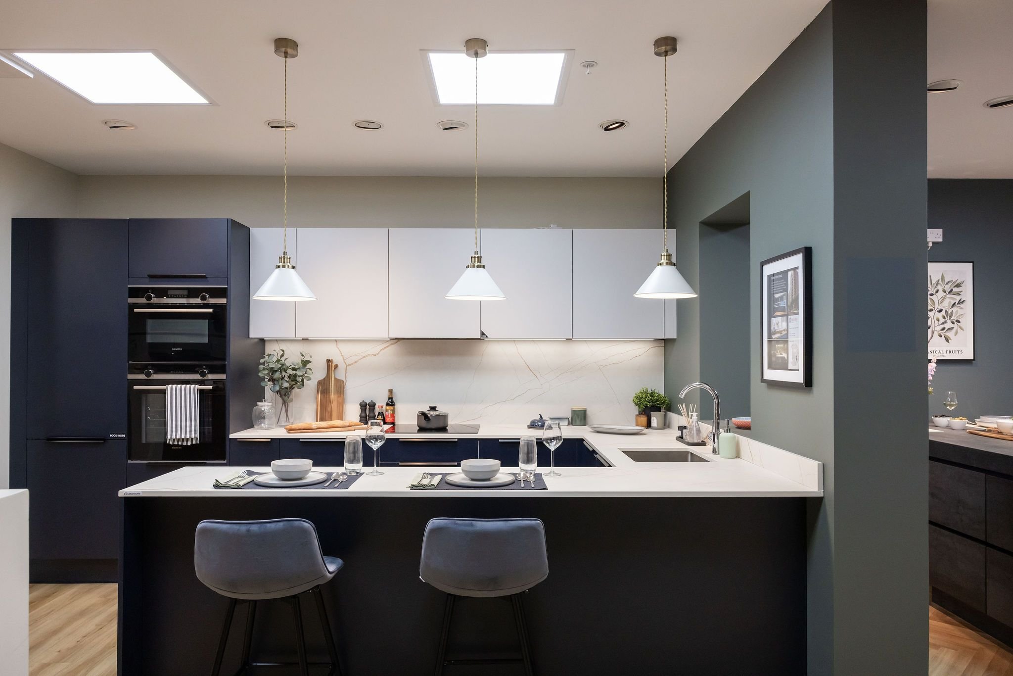 Blue and white kitchen in showroom