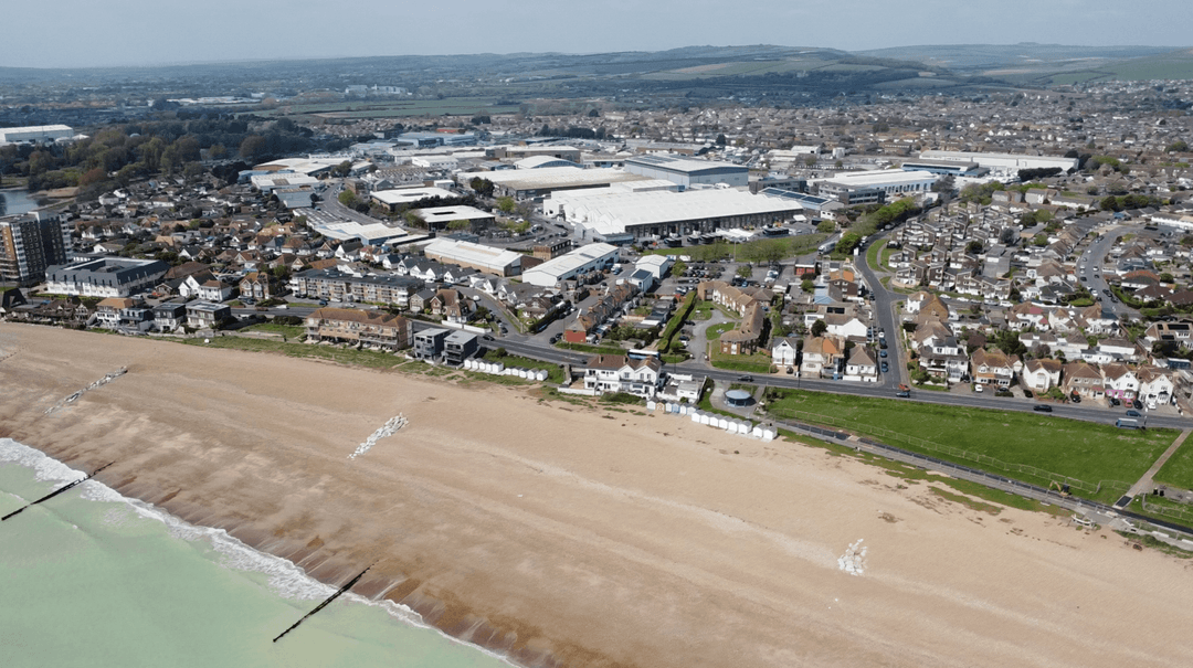 Drone shot of Lancing factory location from the sea